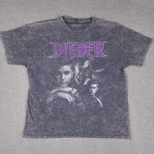 Justin Bieber T-Shirt Medium Gray Acid Wash Tee Bravado‎